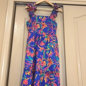 J crew 100% Cotton Midi Floral blue Dress In Size 2 With Pockets